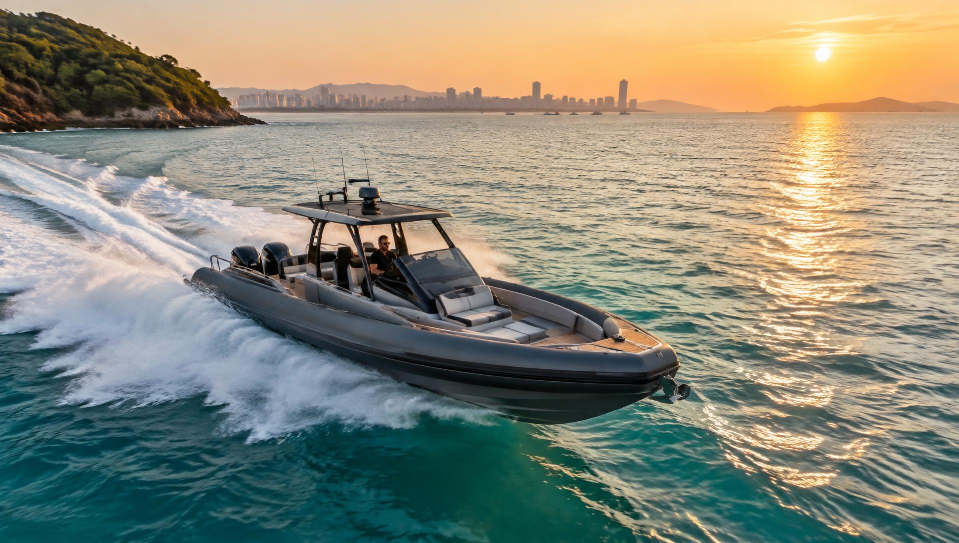 RIB powerboat speeding across the sea off Pattaya at sunset